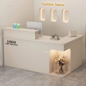 quầy lễ tân chữ L full gỗ trắng