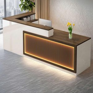 quầy lễ tân phối lam dọc nâu